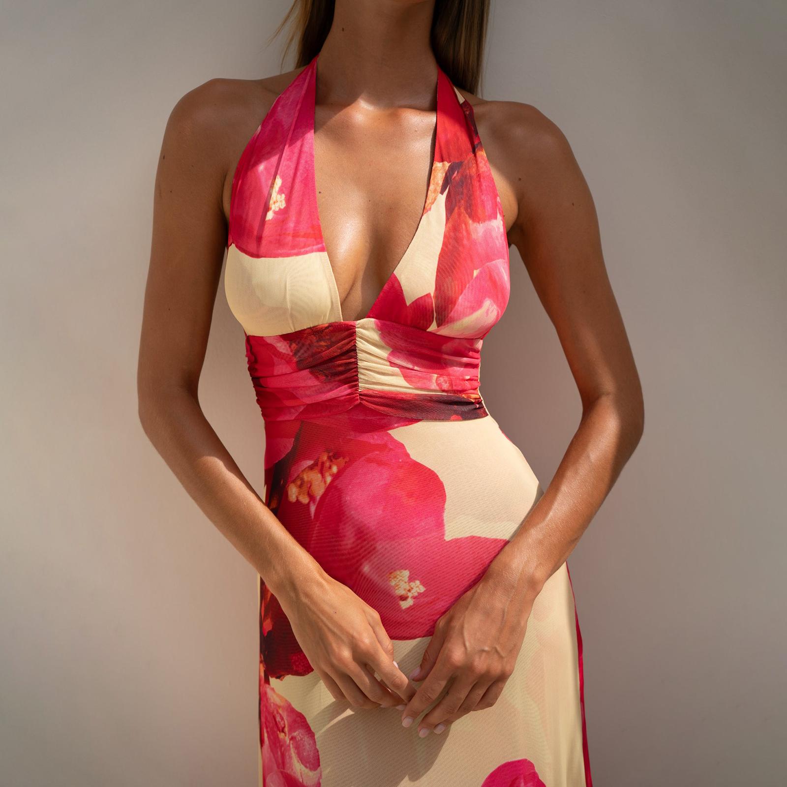 Women Long Dress, Sleeveless Halter Dress Backless Flower/Dots Print Summer Cocktail Dress Casual Light sundress Cotton Candy Outfit Beach Outfits #TiktokShopBacktoSchool