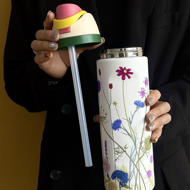 Flower Pattern Vacuum Flask, 1 Count Portable Insulated Water Bottle with Straw, Summer Cool Bottle Drinking Cup for Home Office School Outdoor Camping, Drinkware