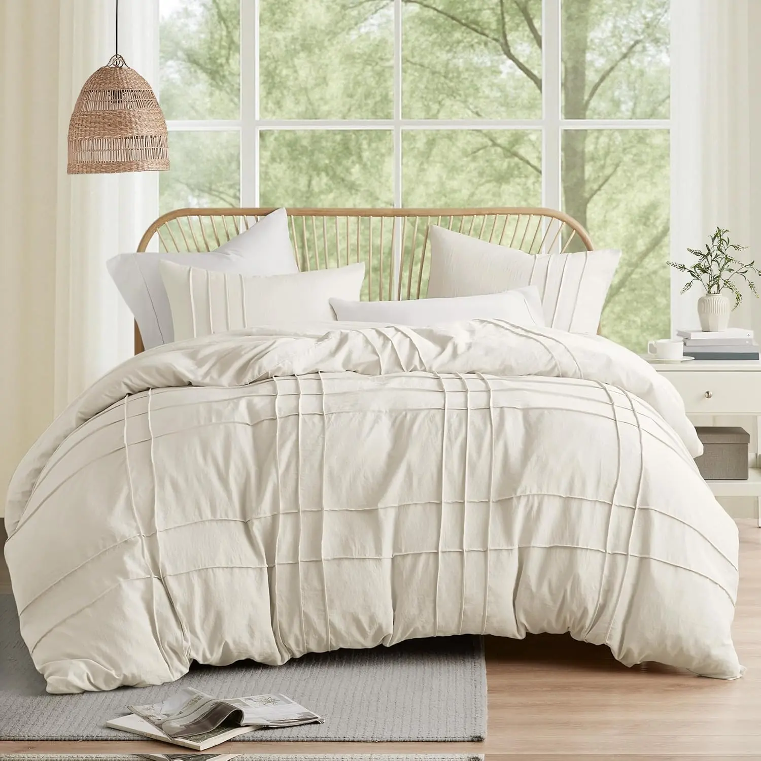 Queen Size Duvet Cover Set - 3 Pieces Pintuck Pleated Duvet Cover Queen, All Season Lightweight, Softness Pre-Washed Microfiber Queen Bedding Cover Shams, Full/Queen