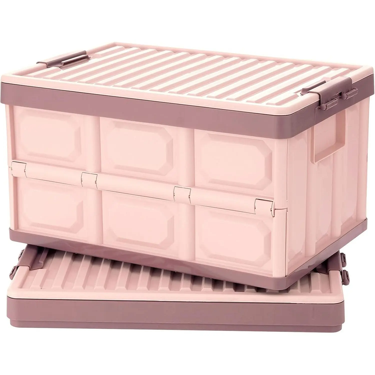 2-Pack Pink Collapsible Storage Bins with Lids, 30L Folding Plastic Stackable Utility Crates, Durable Organiser Containers for Home, Garage Organization