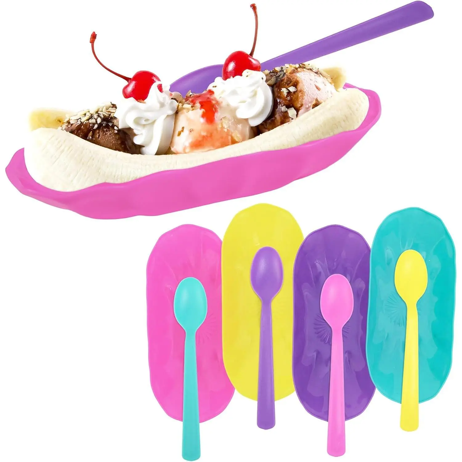 Set of 4  Banana Split  with Color Matching Spoons Use as Desert Dish, Ice Cream Sundae, Fruit Bowls, Ice Cream Bowl, Brownies,Snack Trays  (4)