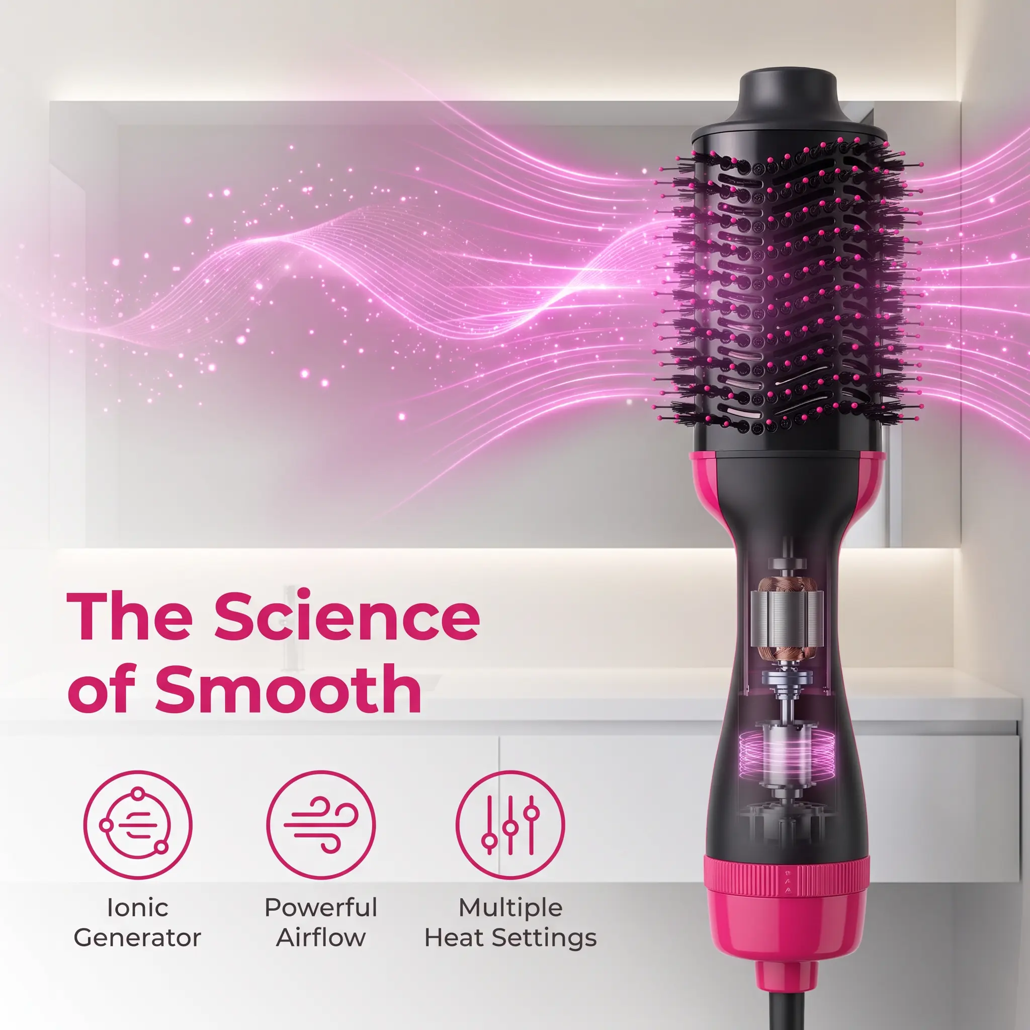 Professional One-Step Ionic Hair Dryer Brush, Hot Air Styler, 3-in-1 Tool for Drying, Straightening & Curling