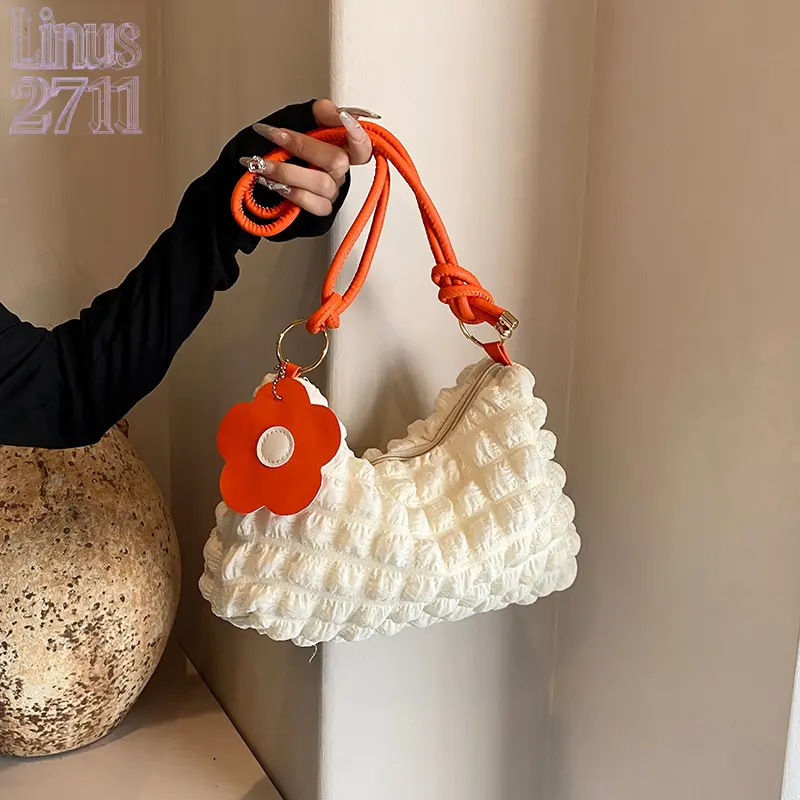 Sweet Bubble Ruched Underarm Shoulder Bag, Women Cute Flower Charm Hobo Handbag, Niche Cloud Puff Texture Purse, Fashion Casual Daily Shoulder Bag, Lightweight Dating Shopping Handbag, Versatile Ladies Aesthetic Accessory, Multiple Color Options