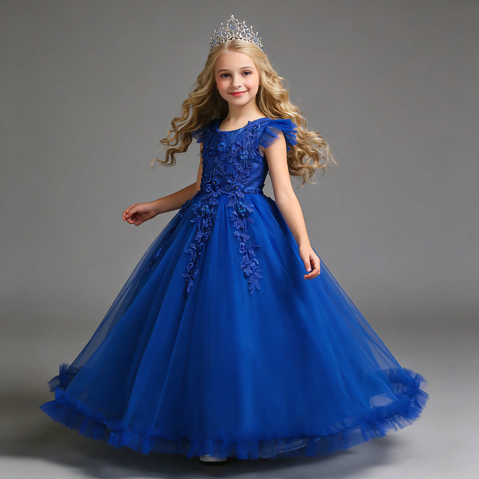 Girls' New Polyester Princess Dress - Long Fit, Older Children's Summer Piano Performance Costume, Full-Length