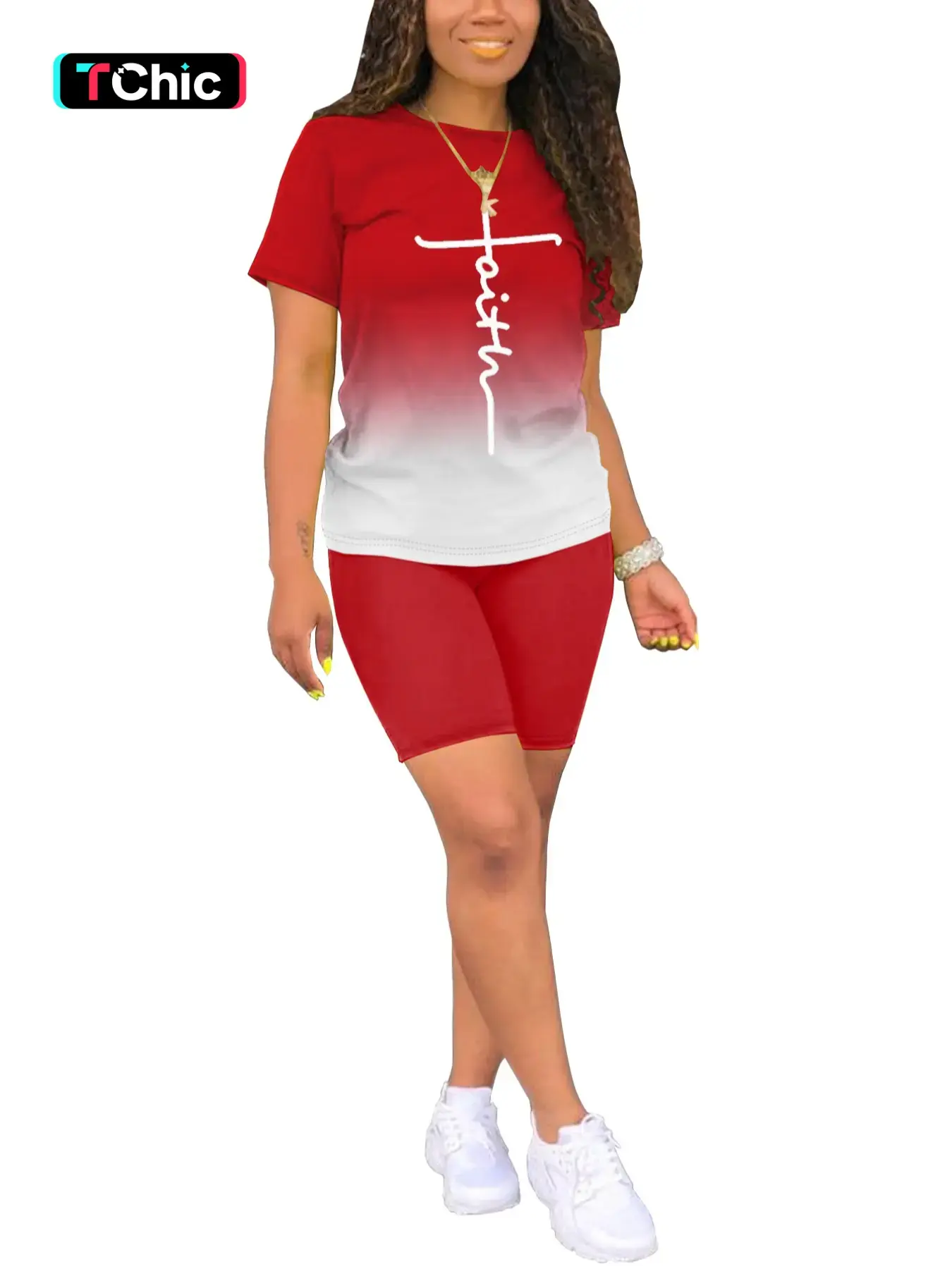 Two-piece Set Women's Ombre Gradient Letter Print Short Sleeve Jersey Tee & Elastic Waist Shorts Set, Casual Chic Style Round Neck T-shirt & Skinny Fitted Shorts, Summer Outfits Clothes Set for Women Womenswear Lady