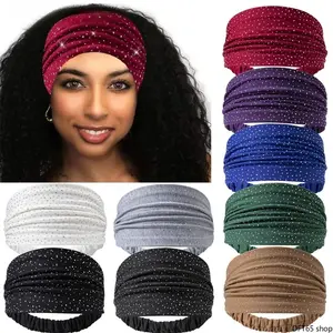 Solid Color Hot Fix Rhinestone Wide Elastic Headband Smooth Breathable Stretch Fabric Shiny Crystal Embellishment Non Slip Grip Loose Silhouette For Women Daily Sports Fashion Minimalist Decorative Hair Accessory