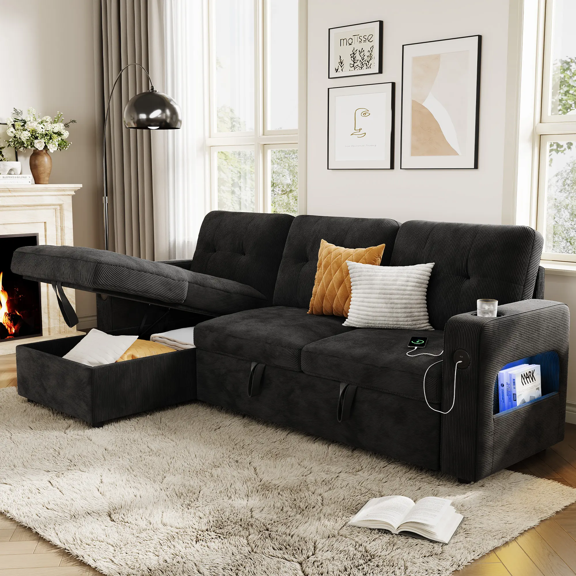 Garvee 84 Inch L Shaped Sectional Sleeper Sofa, Pull Out Convertible Couch Bed with Storage, Charging Station, LED Lights, Modern Corduroy Sofa Design for Living Room, Apartment, Black