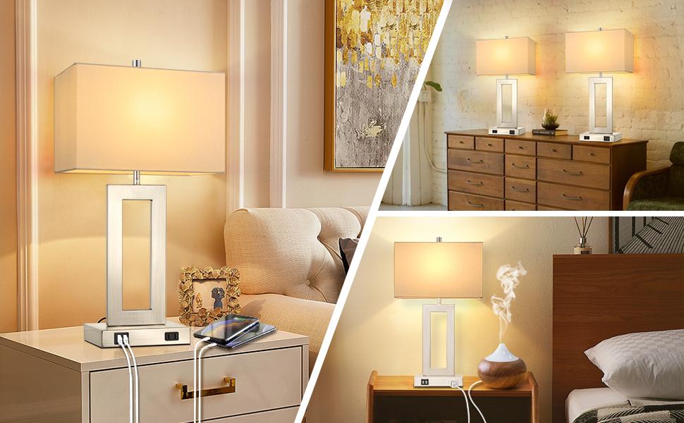 Tall Table Lamps for Bedroom Set of 2, Silver Bedside Touch Control Lamp with 2 USB Ports&AC Outlet, Modern Living Room Table Lamp for Nightstand End Table, 3-Way Dimming with 2 E26 Edison Bulbs Dimmable Lighting