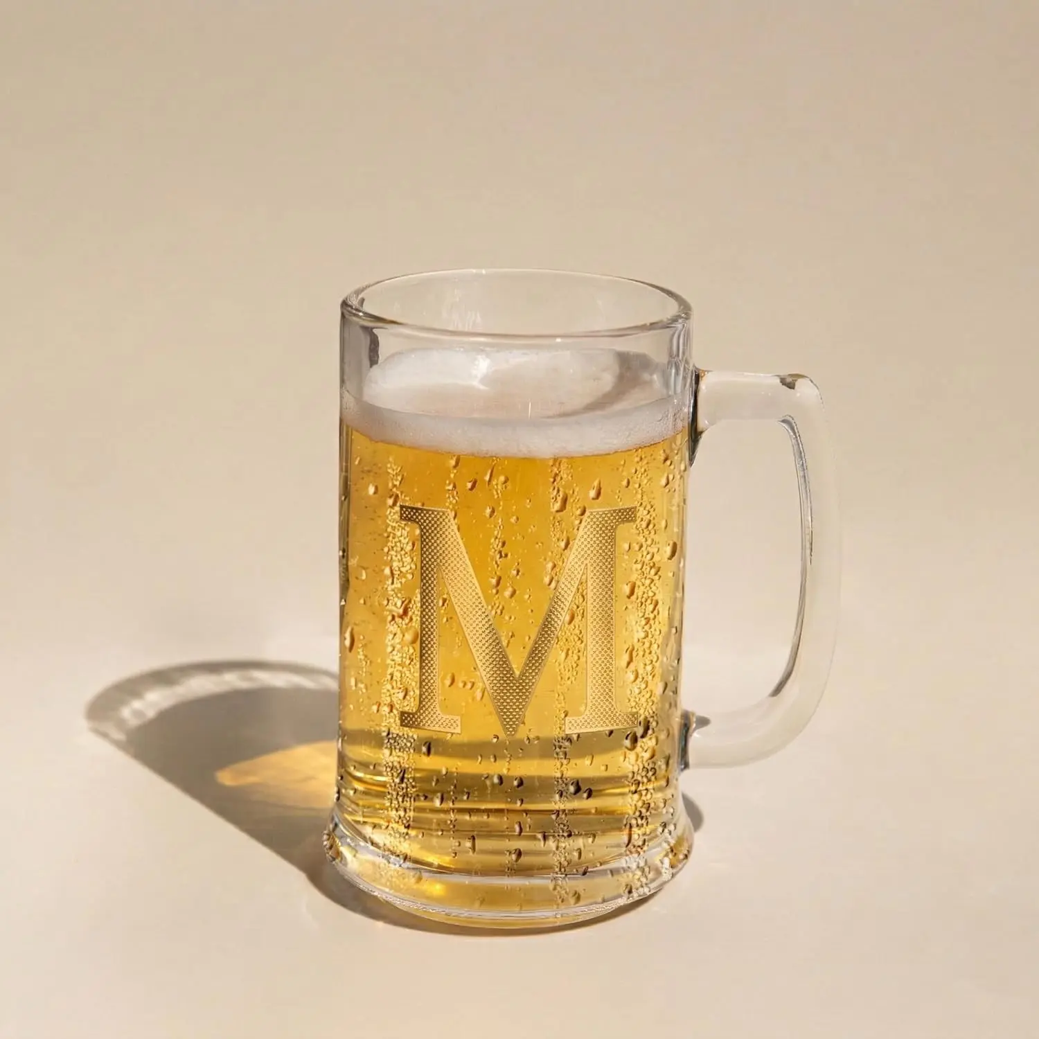 Personalized Monogram Beer Mug - 14oz Glass Stein with Gilded Accents, Ready-to-Gift in Designer Box, Premium Gift for Men, Birthday or Father's Day (M)