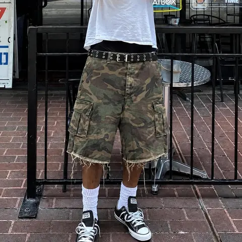 Camouflage Shorts, Workwear Denim Shorts, Multi-Pocket Denim Shorts, Summer Pants, Loose-Fit, Street Style, Cotton, Hip-Hop Fashion, Multi Pocket Streetwear