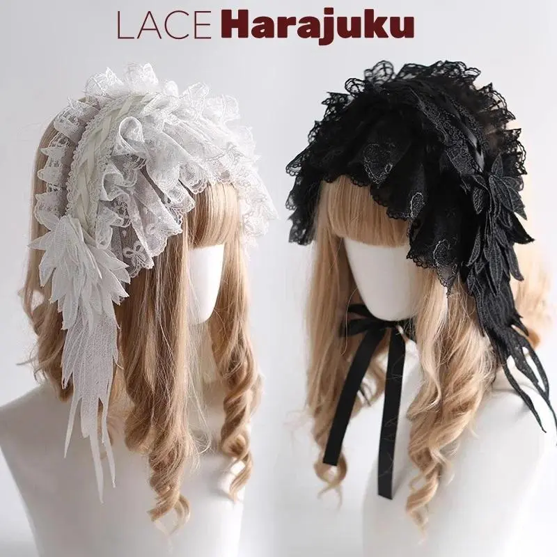 Handmade Gothic Y2K Angel Feather Wings Headband Black White Lace Lolita Hair Accessory Harajuku Style Veil Headpiece