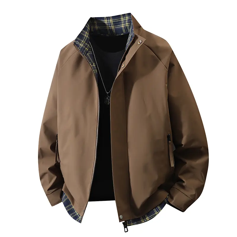 Men's American Retro Stand-Up Collar Checked Work Coat - Long Sleeve Menswear Top with Contrasting Lining, Casual Spring & Autumn Outerwear for Daily Commuting, Coats