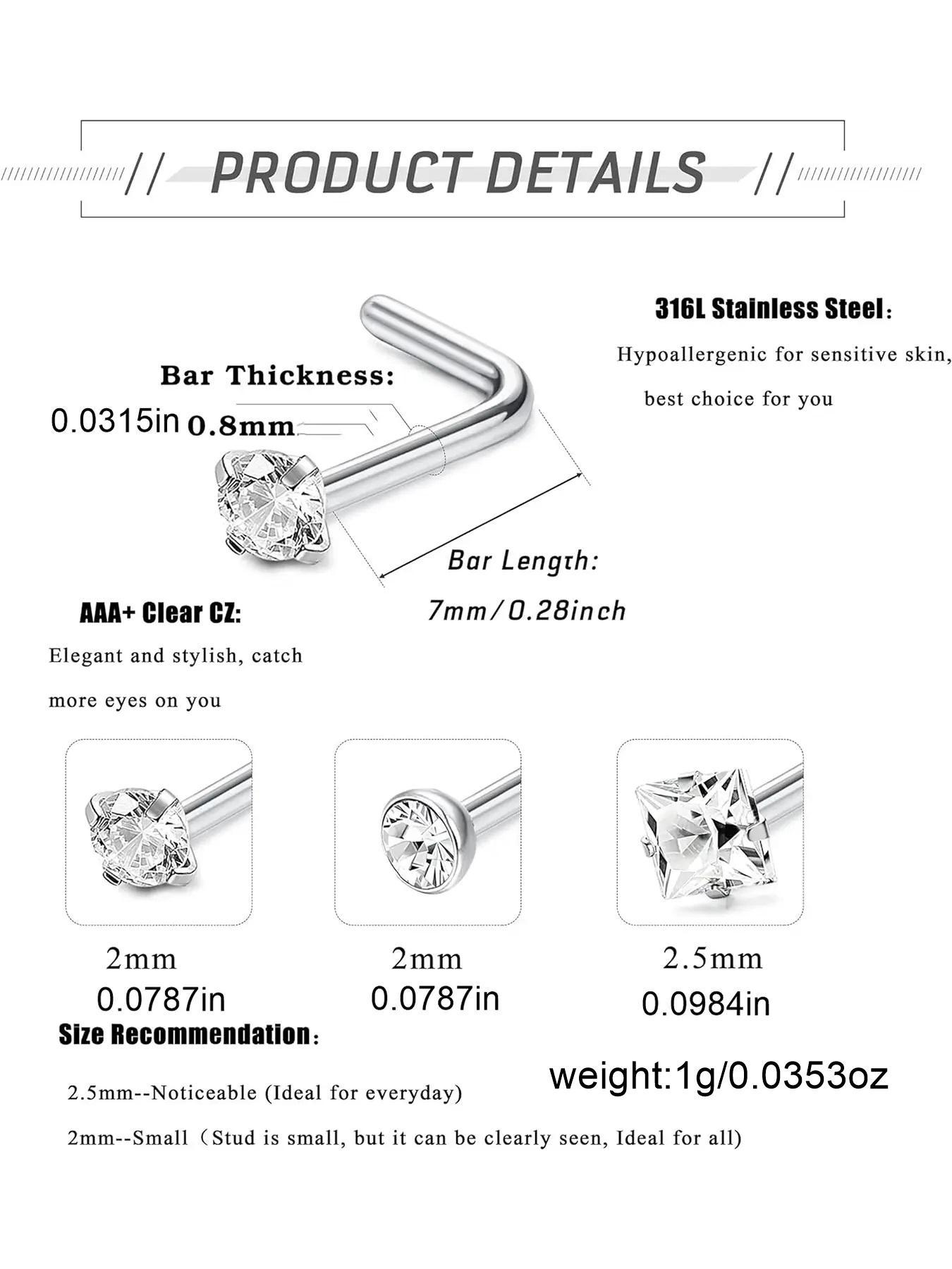 15pcs Minimalist Rhinestone Decor Nose Ring, L Shaped Screw Studs Rings, Stainless Steel Body Jewelry, Nose Piercing Jewelry for Men & Women
