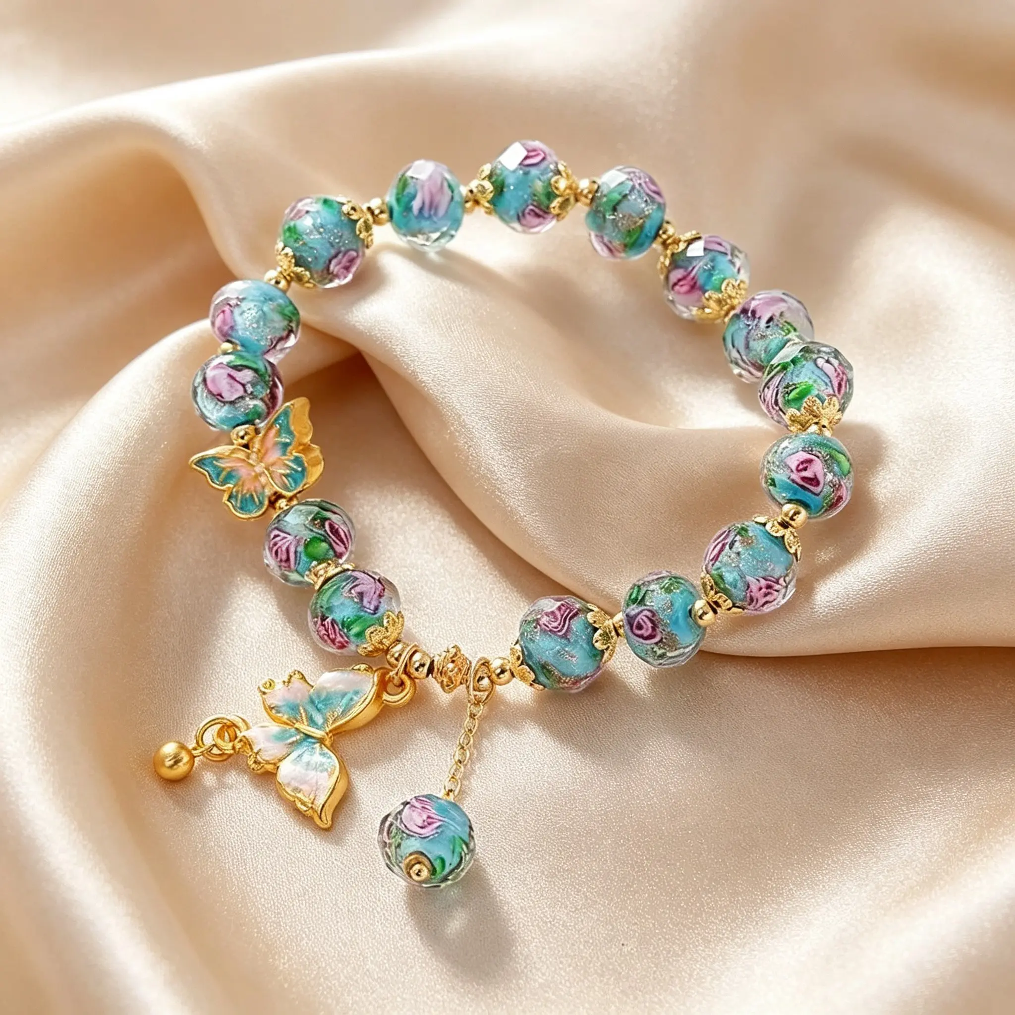 Elegant Butterfly Pendant Bracelet for Women Colorful Beads Gold Butterfly Charm Premium Fashion Jewelry for Casual Special Occasions Gift Durable Four Seasons Versatile