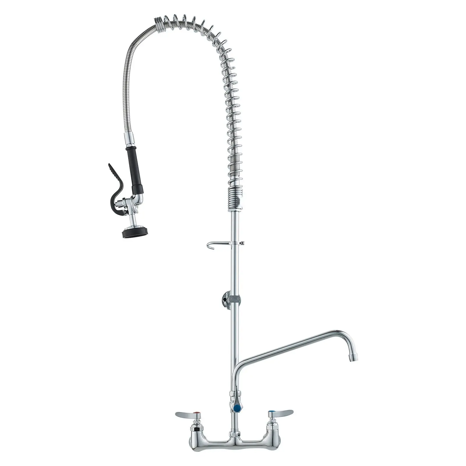 Commercial Kitchen Faucet With Pre-Rinse Sprayer, 44-Inch Height, 8-Inch Center, 12-Inch Swing Spout, Wall-Mounted Sink Faucet, Brass Construction, Pull-Down Spray, Suitable For 1, 2, Or 3-Compartment Sinks, Heavy-Duty