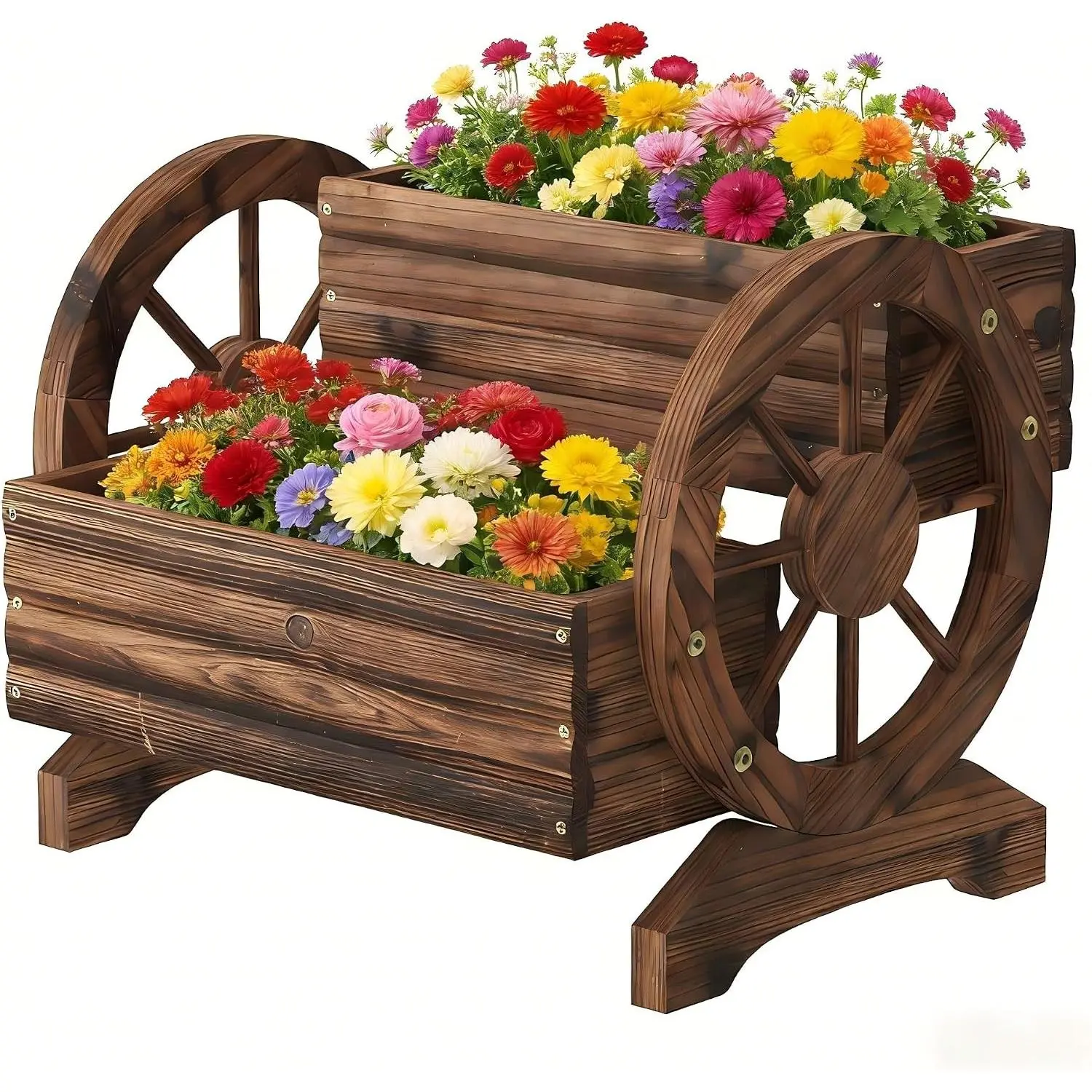 Wooden Wagon Planter Cute Garden Flower Pots Cart with wheels, Outdoor Decoration decor Indoor, Drainage hole, Garden decor for succulents herbs veggies for porch patio balcony (Carbonized, Medium)