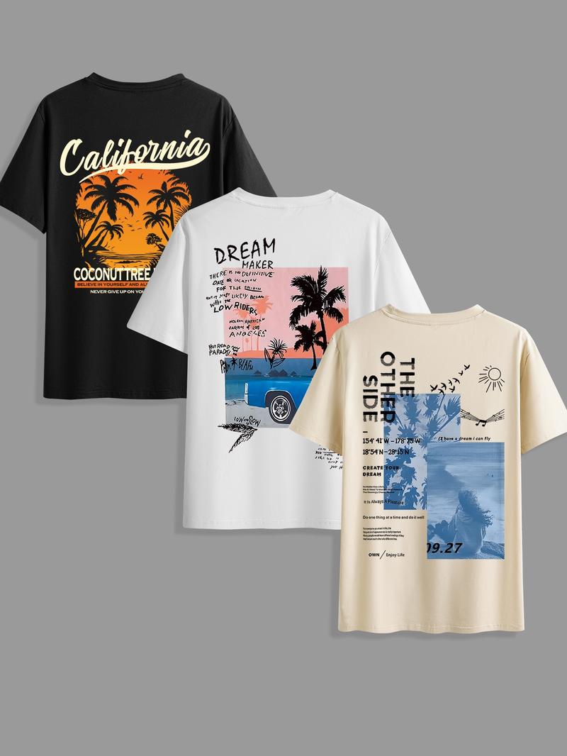 Men's Letter & Coconut Tree Print Round Neck Tee, Regular Fit Casual Short Sleeve T-shirt for Summer, Men's Top for Daily Wear
