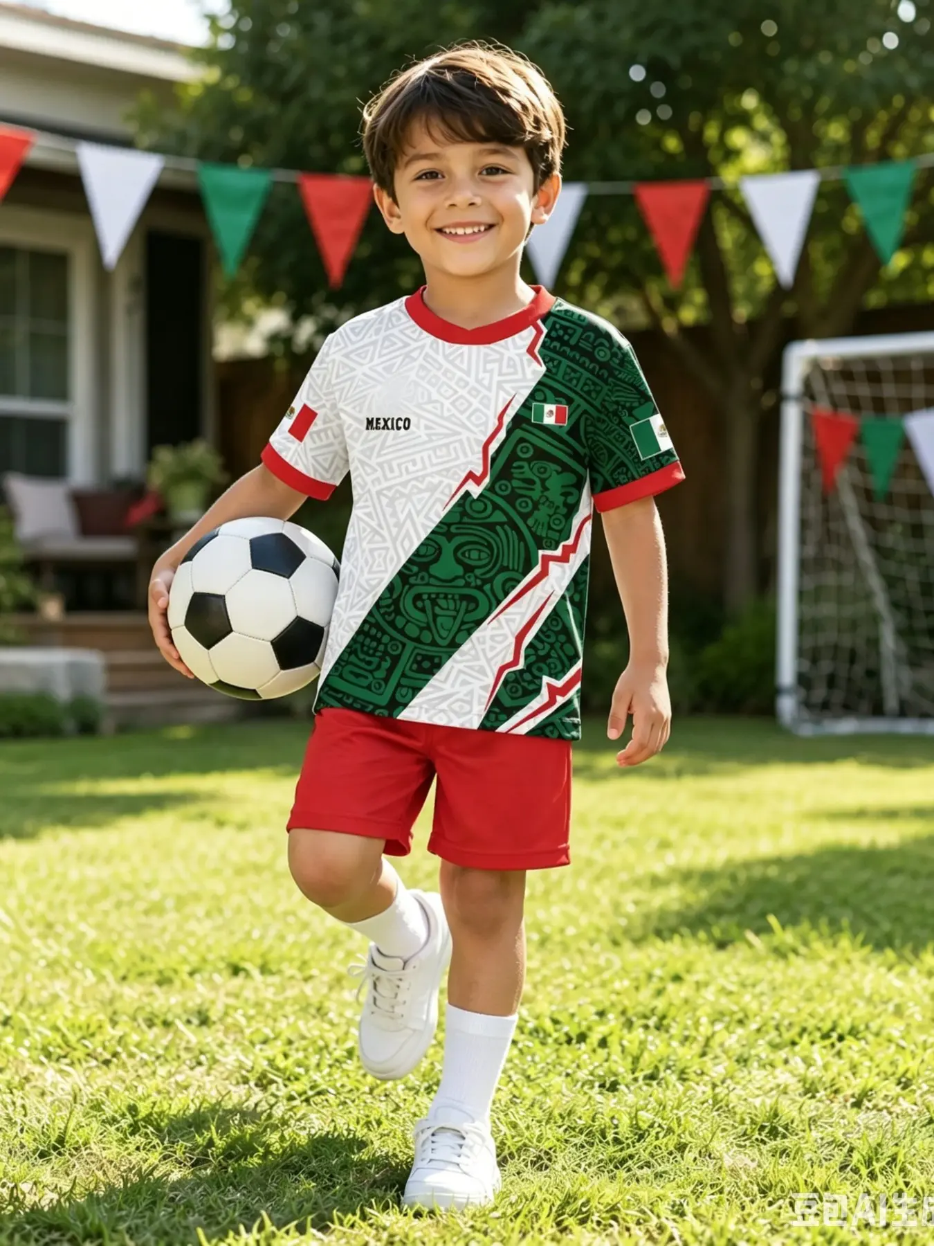 Mexico Fan Kids Soccer Set, Patterned Jersey and Shorts, Holiday Sports Competition Gear, Short Sleeve, Fitted, Sporty Style