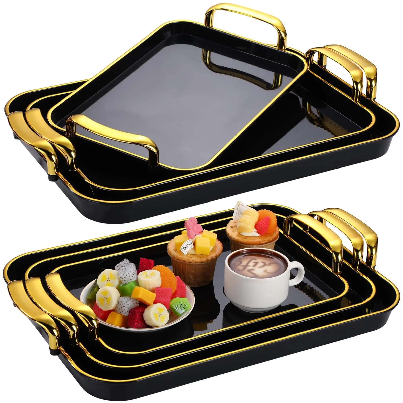 3 Pack Serving Tray with Handles, Stackable Reusable Trays for Serving Food, Plastic Serving Platters for Party, Charcuterie, Fruit, Appetizer for Entertaining, Dinner Parties, Weddings
