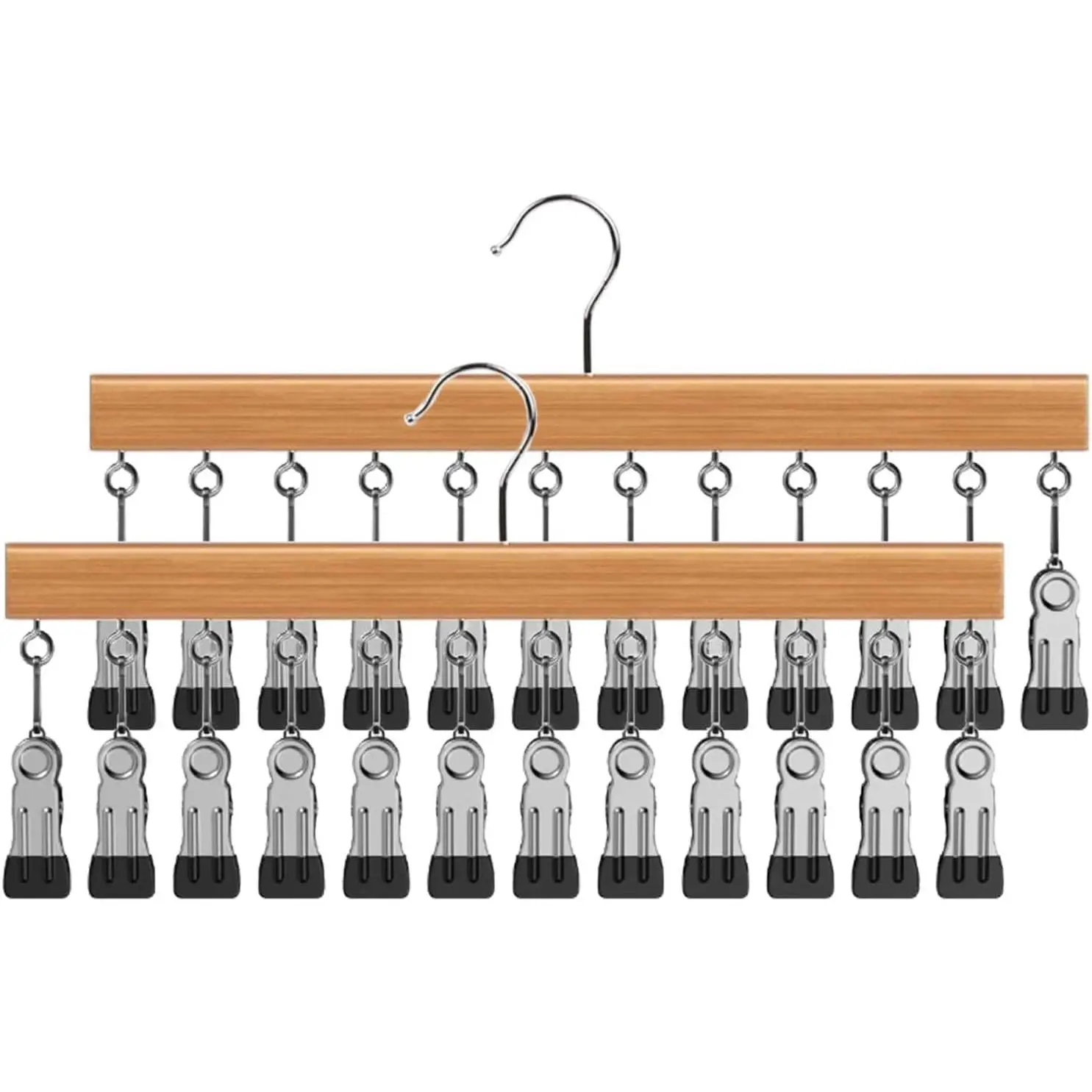 Closet Organizer with 12 Clips, 2 Pack Closet Space Savers for  Clothes, Wooden Pants and Leggings Hangers with 360° Rotating Hook, Space-Saving Hat Scarf Clothespins,   Color