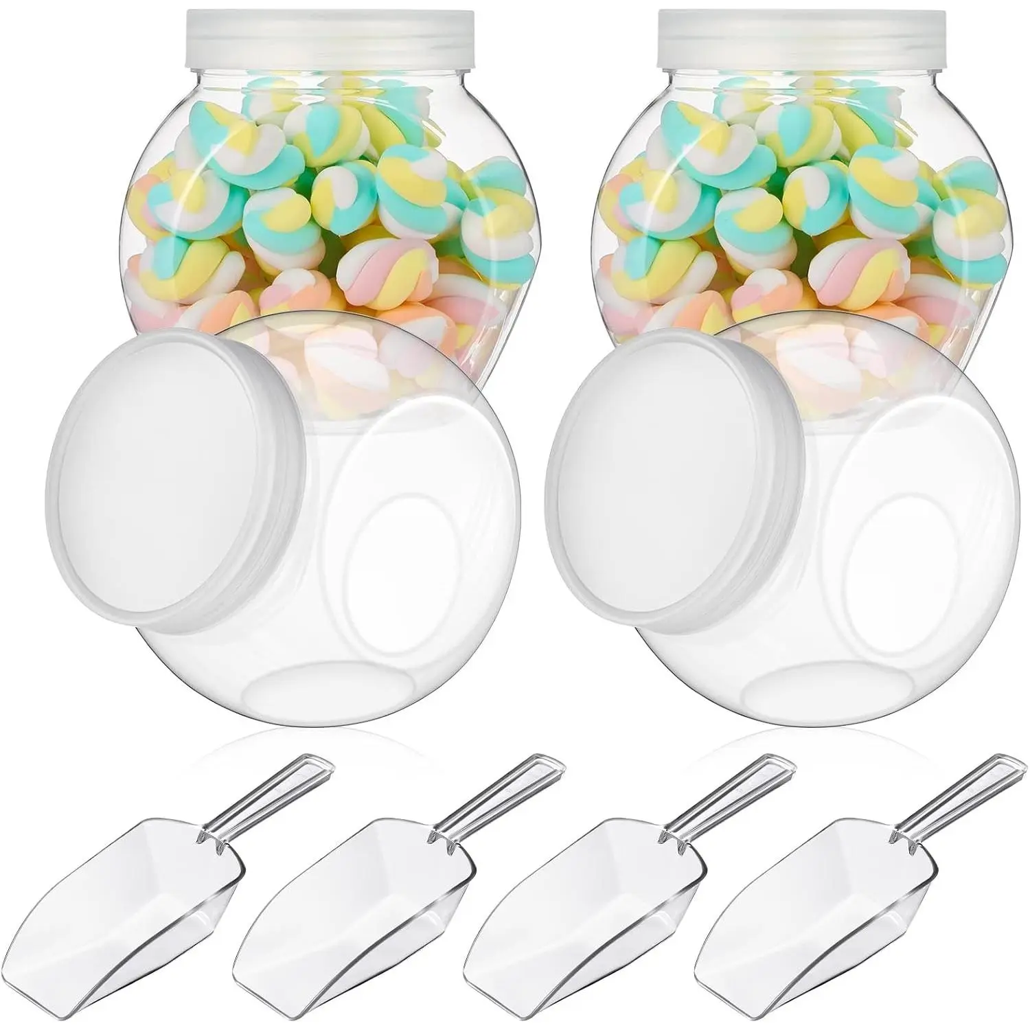 4 Sets Clear Plastic Candy Jars with Lids and Scoops, 42 oz Clear Cookie Jars for Candy Pantry Buffet Kitchen Home Party Wedding Airtight Storage Containers Organize Sugar Tea Coffee Snacks