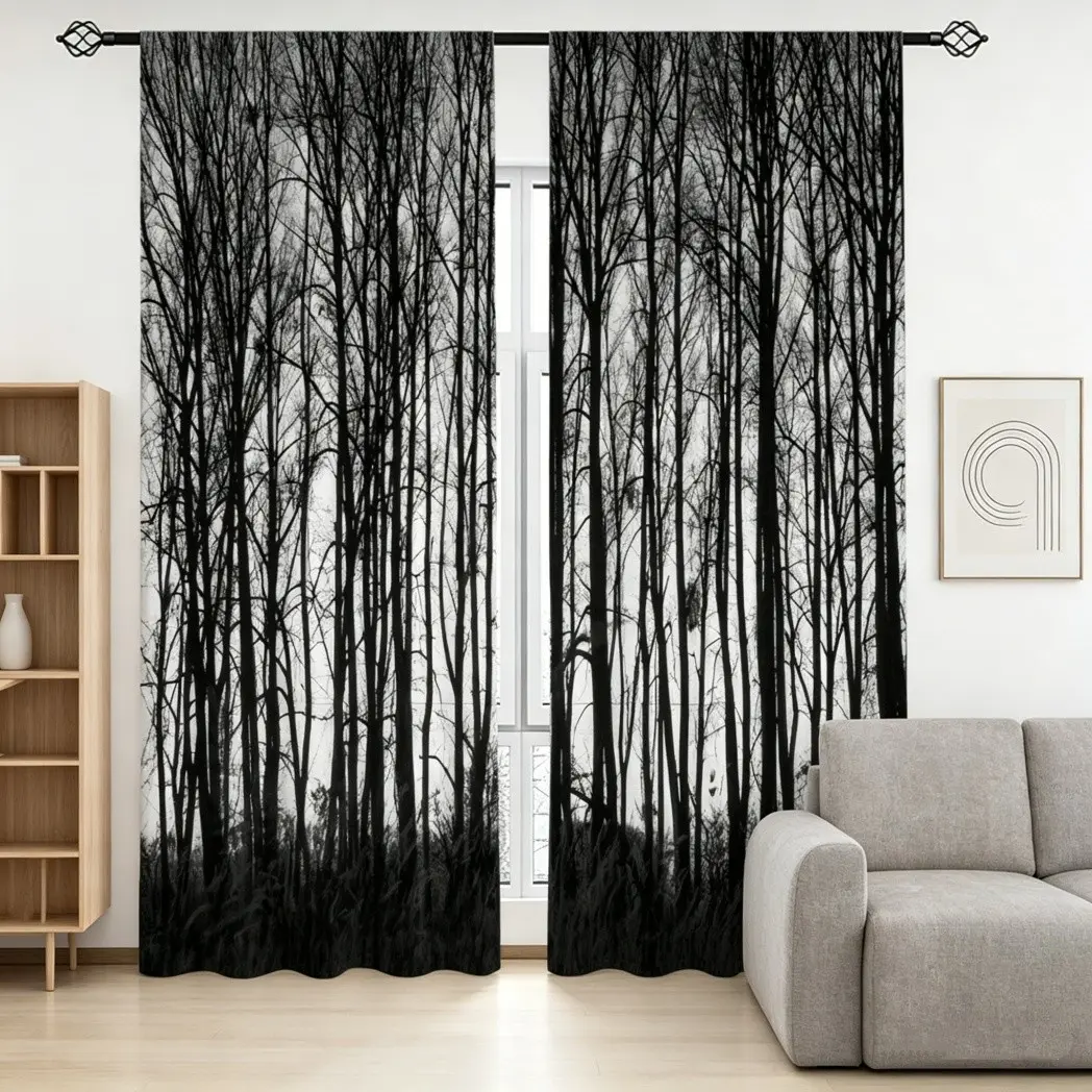 Black White Forest Tree Themed Printed Curtains 2 Panels, Home Decoration Curtain, Multiple Styles Woodland Botanical Polyester Decorative Window Drapes