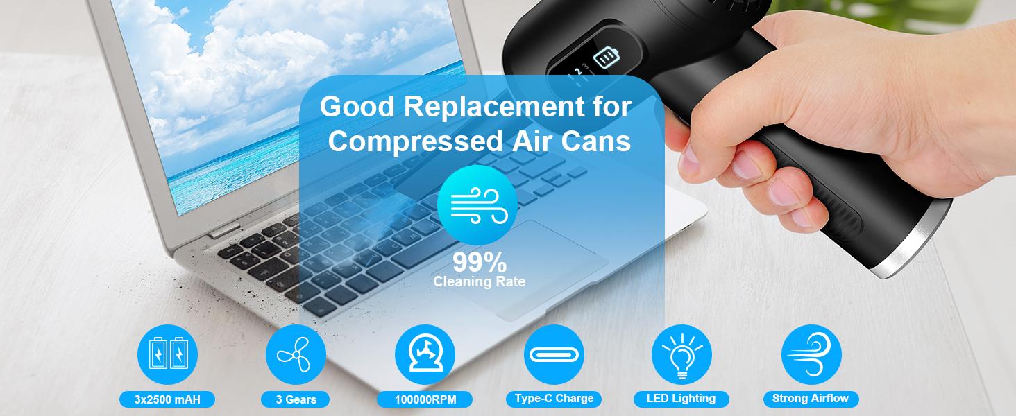 Compressed Air Duster-3 Gear Adjustable 100000RPM Electric Air Duster with LED Light, Rechargeable Cordless Air Blower for Keyboard Electric Devices Cleaning. Replaces Compressed Air Cans (Black)