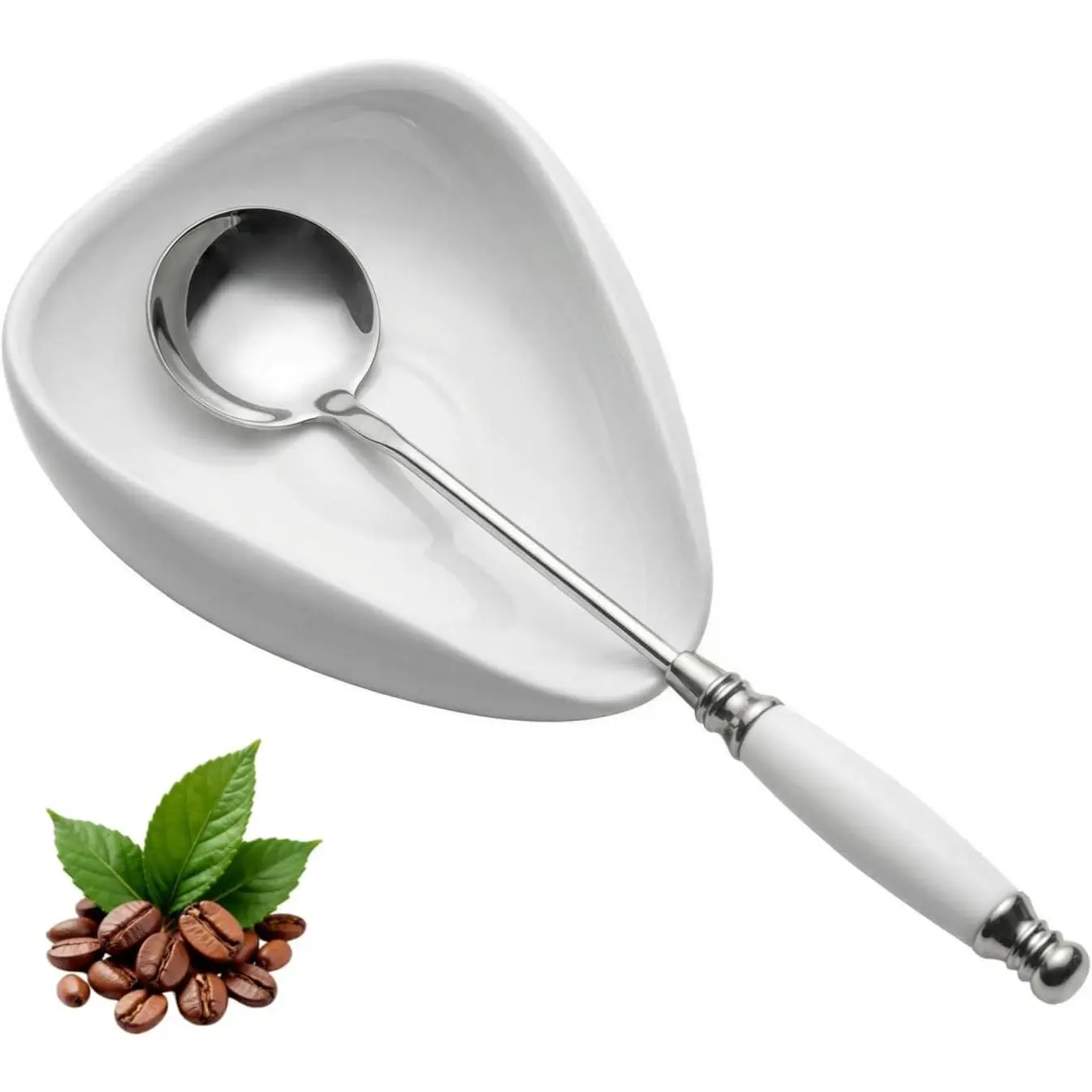 Coffee Spoon Rest, Mini Coffee Spoon Holder with Ceramic Handle Spoon for Coffee Station,Coffee Bar Accessories (White-Sliver Spoon)