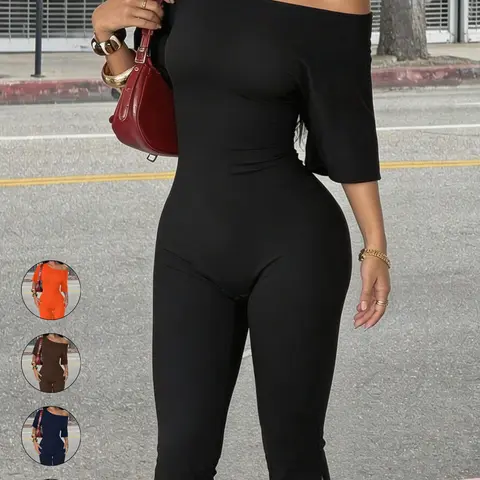 Women's Casual Basic Versatile One‑Shoulder Elastic Bodycon Capri Jumpsuit, Fashion Jumpsuit, Comfortable and Stylish One-Piece for Everyday, Holiday, Graduation and Back‑to‑School, Casual Jumpsuits