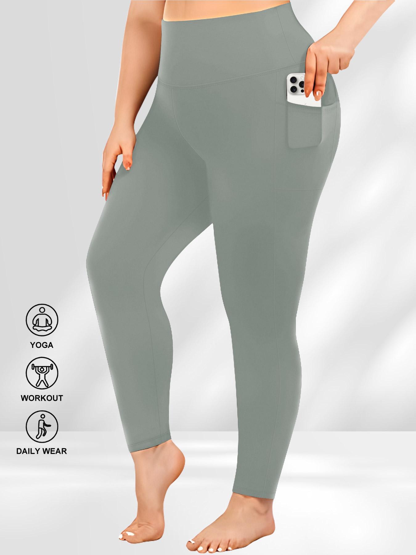 Plus Size Solid High Waist Sports Comfy Gym Workout Leggings with Pocket, Summer Outfits, Casual High Stretch Skinny Pants for Women, Soft Comfortable Women's Bottoms for All Seasons, Stretchy Workout Leggings