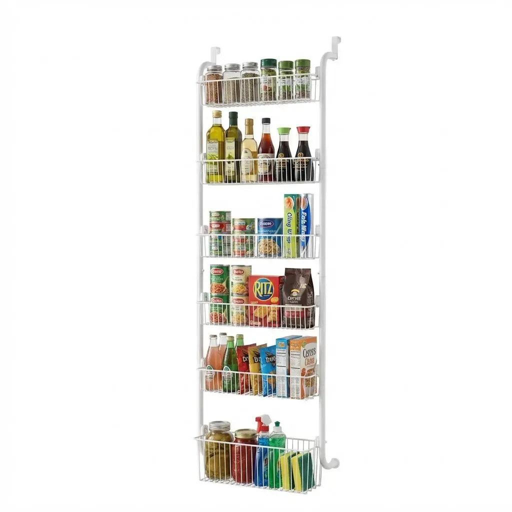 6-Tier Heavy Duty Over the Door Pantry Organizer, Carbon Steel Hanging Spice Seasoning Storage Rack with Adjustable Baskets for Kitchen Laundry Room