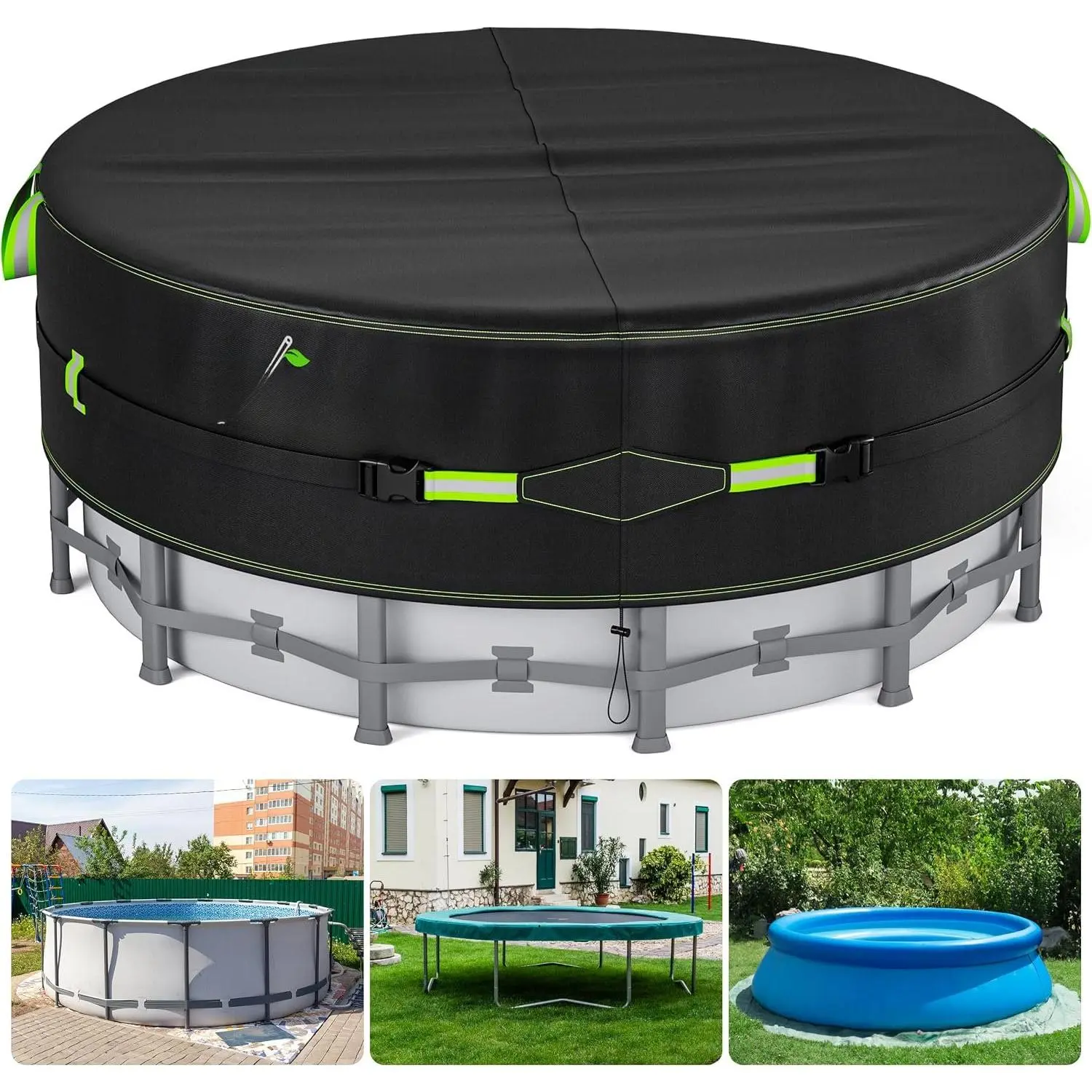 8 Ft Round Pool Cover with Reflective Strips, Swimming Pool Cover for Above Ground Pools, Solar Cover Including Rope Tie and Luminous Ground Nails, PU Tarp Snug Fit for UV Protected