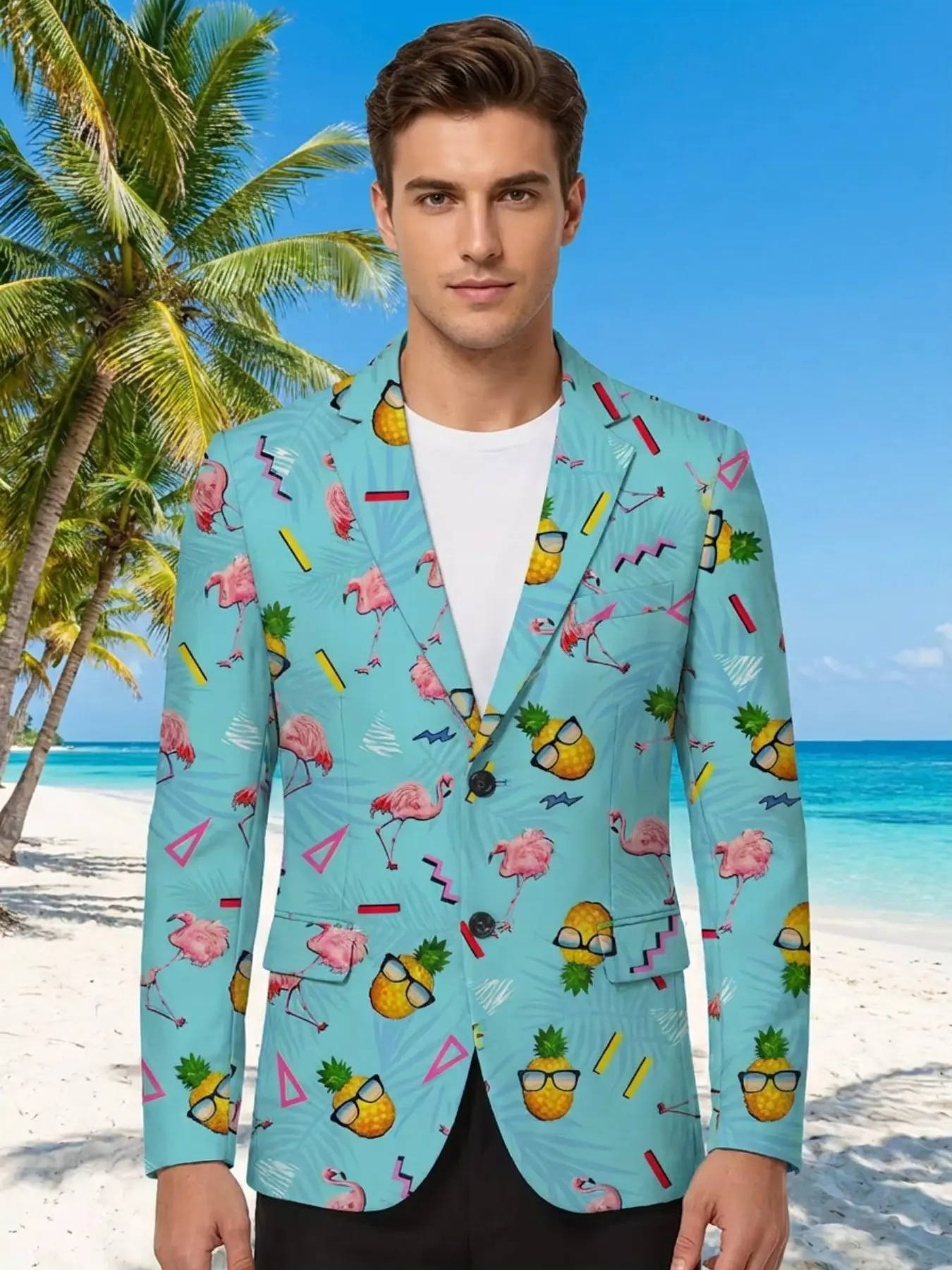 Men's Hawaiian Tropical Resort Style Suit Jacket, Light Blue Background Full Print, Bird Pineapple Geometric Pattern, Slim Fit, Long Sleeve, Casual Evening Wear