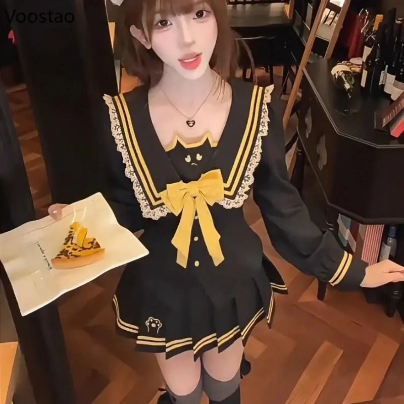 2026 new hot item Japanese Preppy Style Lolita 2 Piece Set Women Sweet Lace Ruffles Sailor Collar Coat Tops Mini Pleated Skirt Y2k JK Uniform Suit