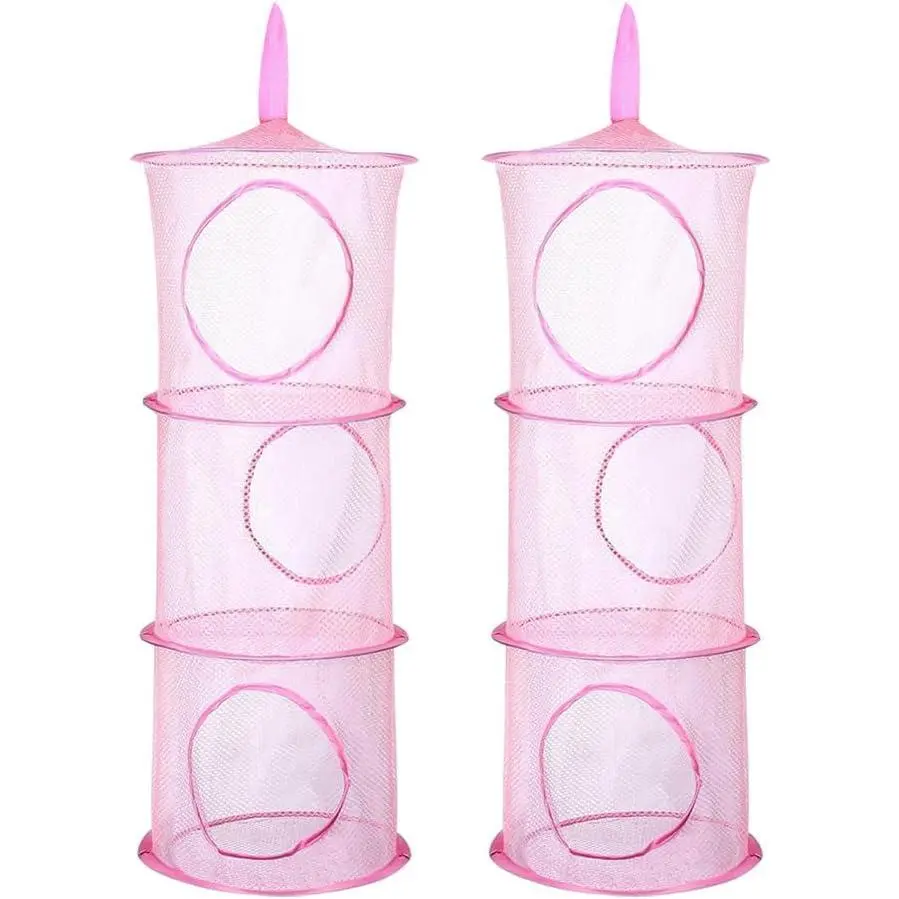 2 Pcs Toy Storage Hanging Mesh 3 Compartment Organizer Net Stuffed Animal Hammock Foldable Organizing Baskets Clothes Hanger Organizer Bag for Room Bathroom Closet Pink