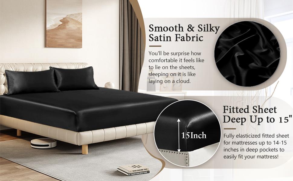 3-Piece Set Queen Fitted Sheet & 2 Pillowcase, Black Soft Fitted Bottom Sheet, Wrinkle Free, Fade Resistant, Deep Bed Sheet (Deep Up to 15")