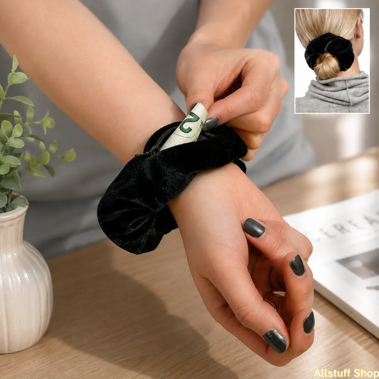 3-Pack Women's Zipper Pocket Hair Scrunchies Soft Polyester Elastic Hair Bands Secret Storage Travel Pouch Scrunchie for Back to School Girls