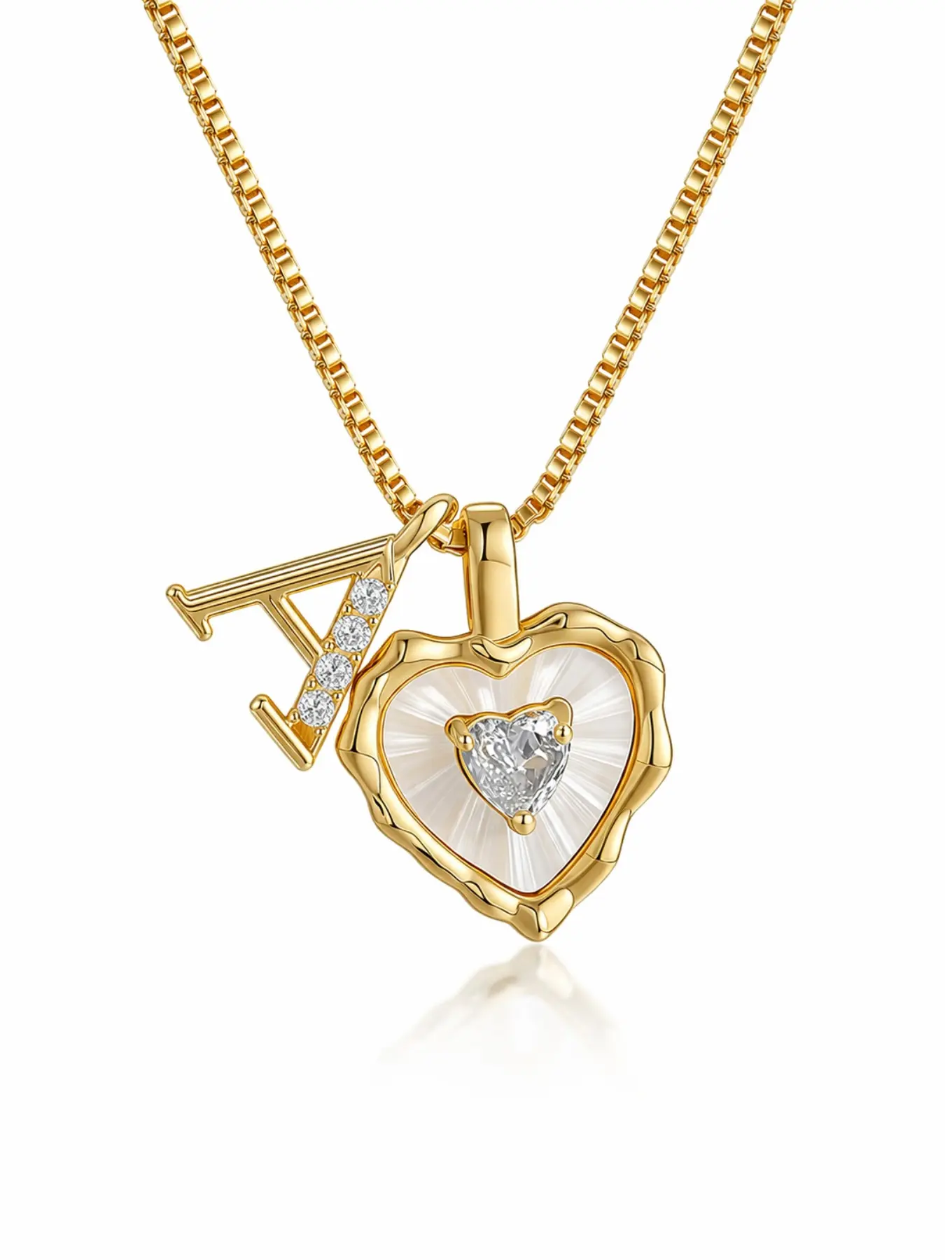 Personalized Rhinestone Initial A-Z Letter Necklace White Shell Heart Zircon Pendant Gold Box Chain Jewelry Gift For Her Birthday