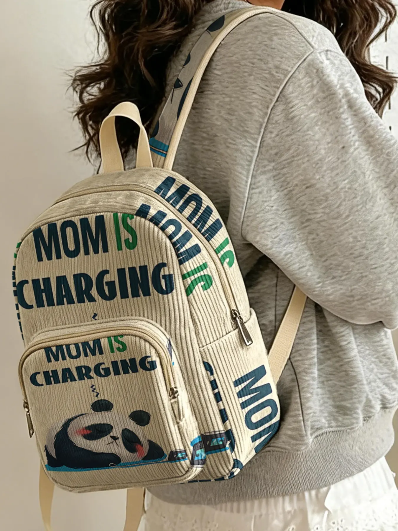 Women's Casual Backpack with Panda Print, Velvet Texture and Layered Storage, Ideal for School, Shopping, Travel, All Seasons