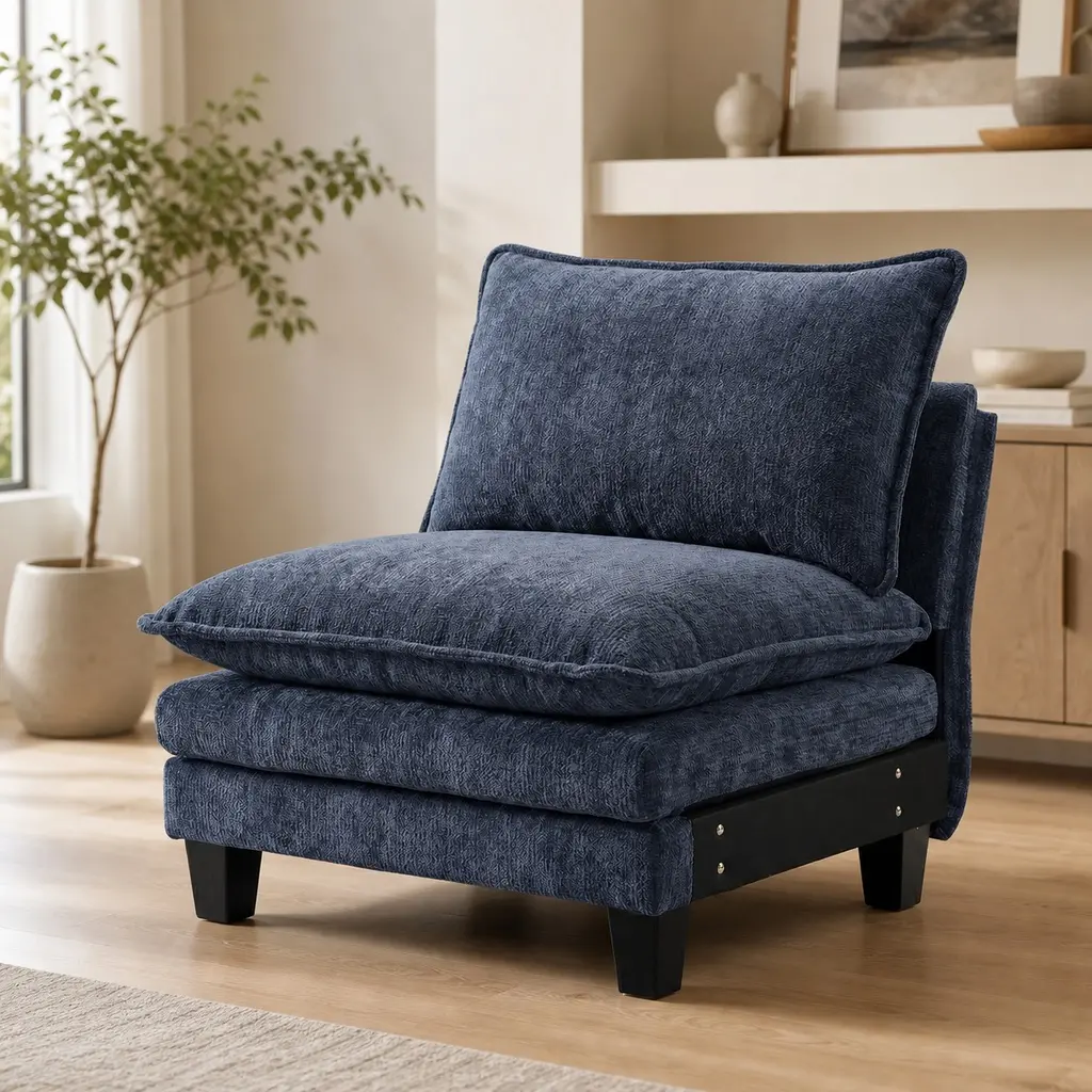ARCH Armless Blue Grey Chenille Accent Chair Modern Modular Single Sofa Chair Comfy Oversized Club Chair for Living Room Reading Nook Relaxation 27.56Wx34.65Dx33.86H, Blue Color Options, Chenille Material, 1 Seat Seat Count, Product Dimensions: