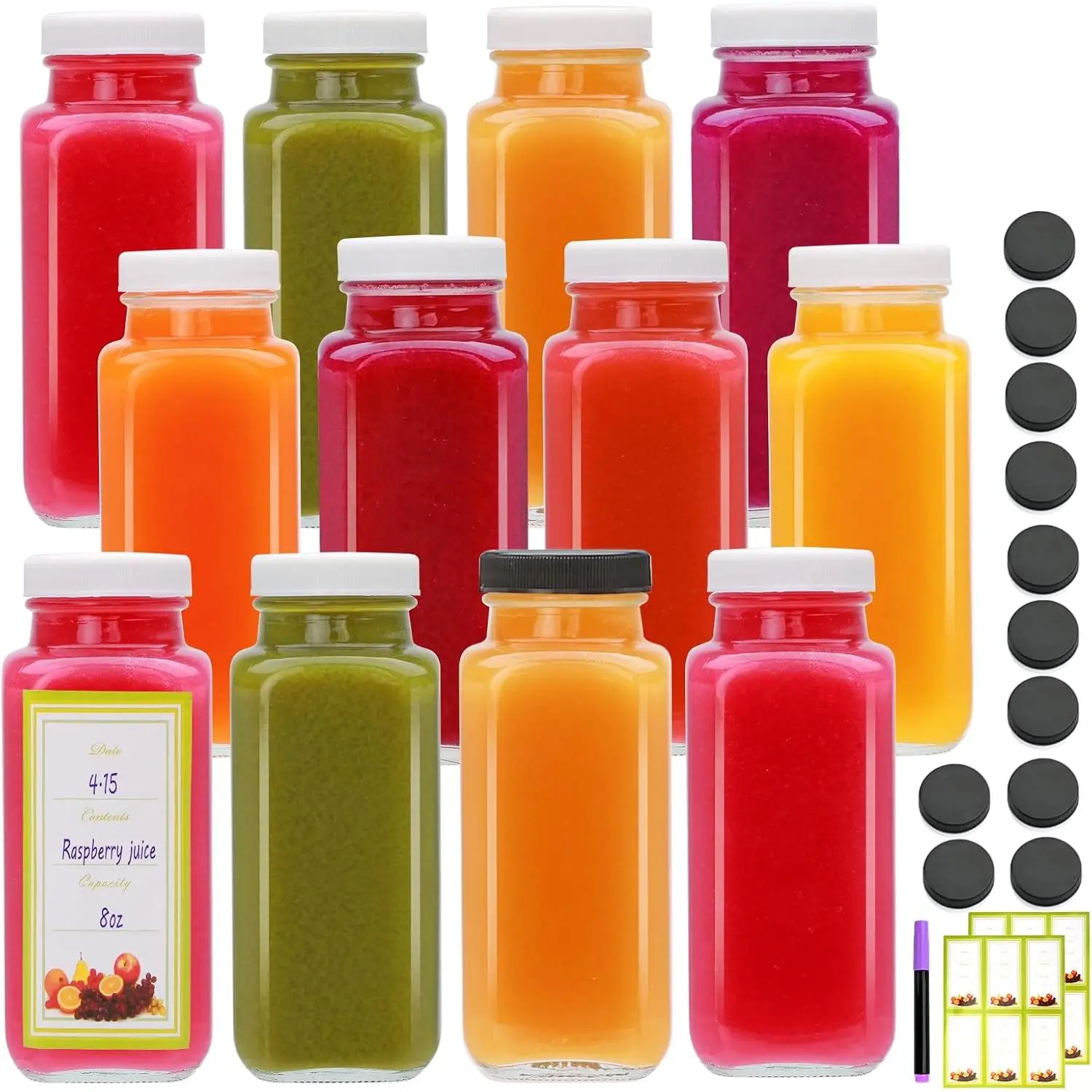 Juice Bottles With Caps 8 oz,12 Pack Glass Juicing Bottles  | Glass Bottles with  for Milk,Juice,,Water,Honey,Jam,Kombucha,Honey,Portable Travel Bottle