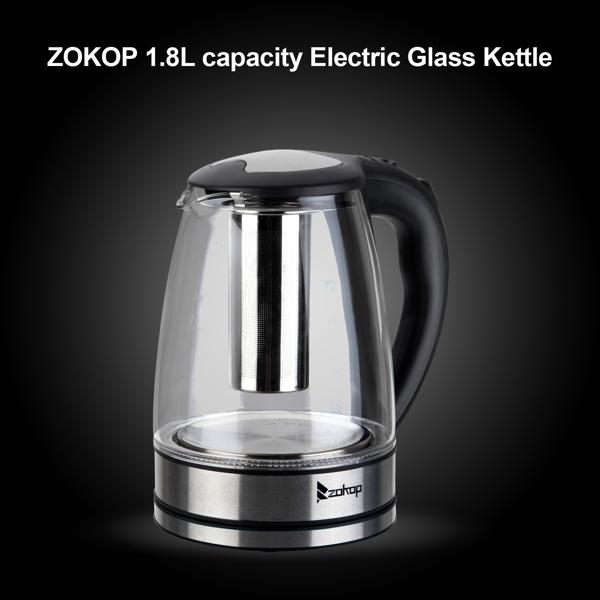 ZOKOP HD-1861-A 110V 1200W 1.8L Electric Glass Kettle US Plug with LED Lights, 360° Rotation Base, Auto Shut-off, and Mesh Filter for Spill Proof Pours Automatic
