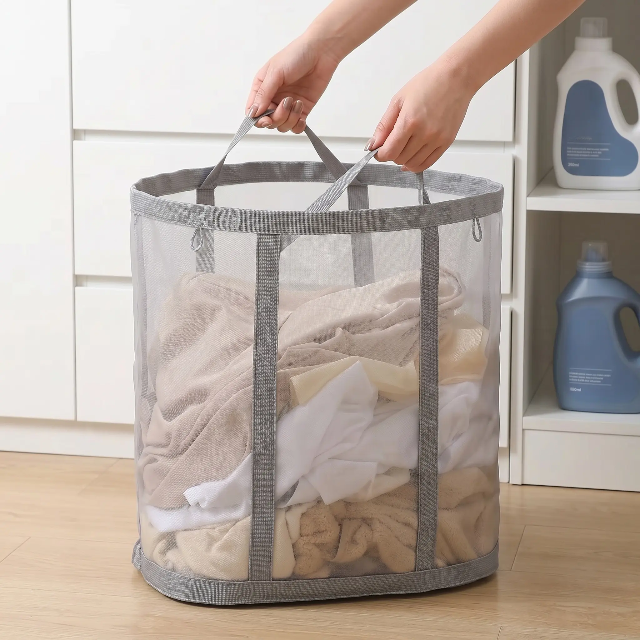 Large Capacity Laundry Basket with Handle, 1 Count Foldable Laundry Hamper Mesh Breathable Dirty Clothes Basket, Clothes Storage Basket for Home, Bedroom, Bathroom, Dormitory Laundry Basket Organizer-YY1