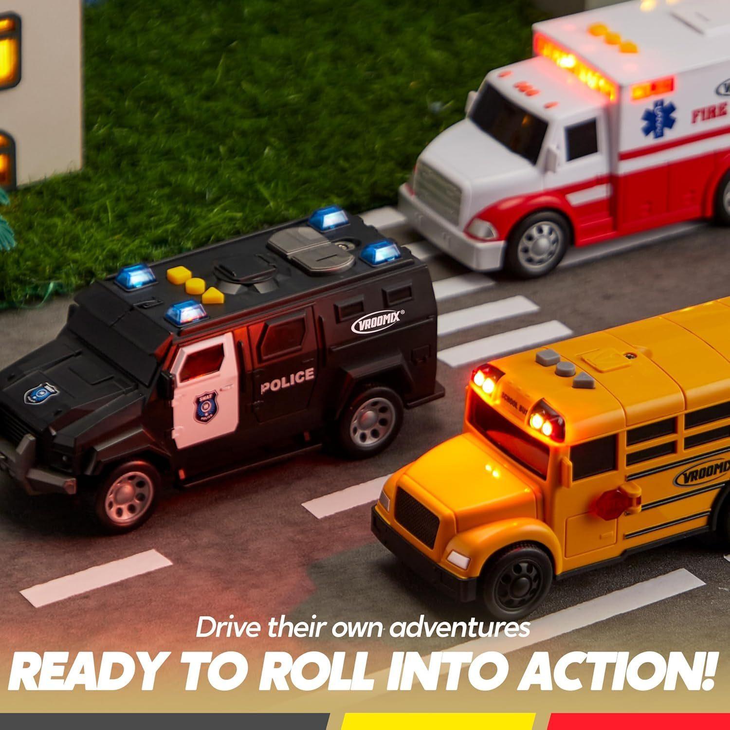 Friction-Powered Toy School Bus, Police Car, Ambulance & Student Bus with Lights & Sound Effects – Safe, Educational & Reliable, Ideal Gift for Boys & Girls