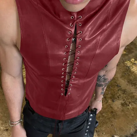 INCERUN Men's Casual Fashion Tank Top, Tie-Back Hollow Out Leather Vest, Perfect for Daily Wear, Stylish and Comfortable Men's Apparel