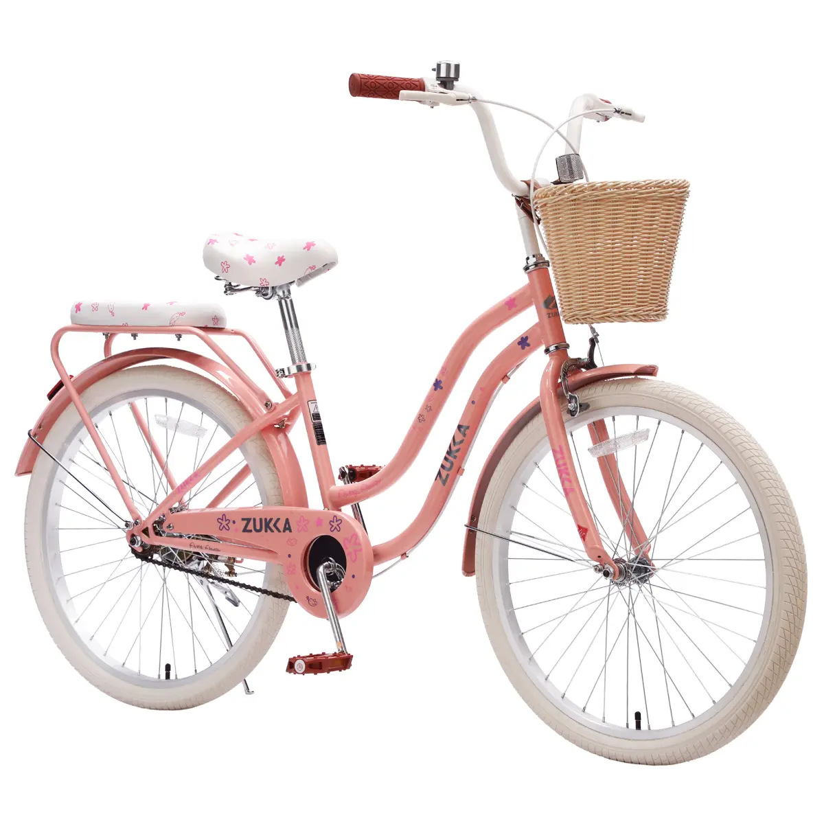 24 Inch Cruiser Bike for Girls & Women, Single Speed Beach City Commuter Bicycle with Wicker Basket & Rear Rack, High Carbon Steel Frame, Front & Rear Brakes, Fenders & Chain Guard, 220LB Capacity, Green/Pink/Peach