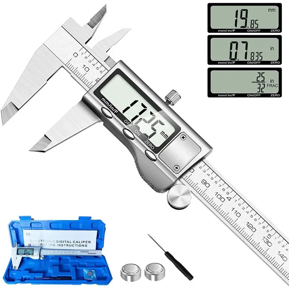 Digital Stainless Steel Vernier Caliper Measuring Tool, 6 in with Large LCD Screen, Easy Inch-Metric-Fraction Switch for DIY Projects