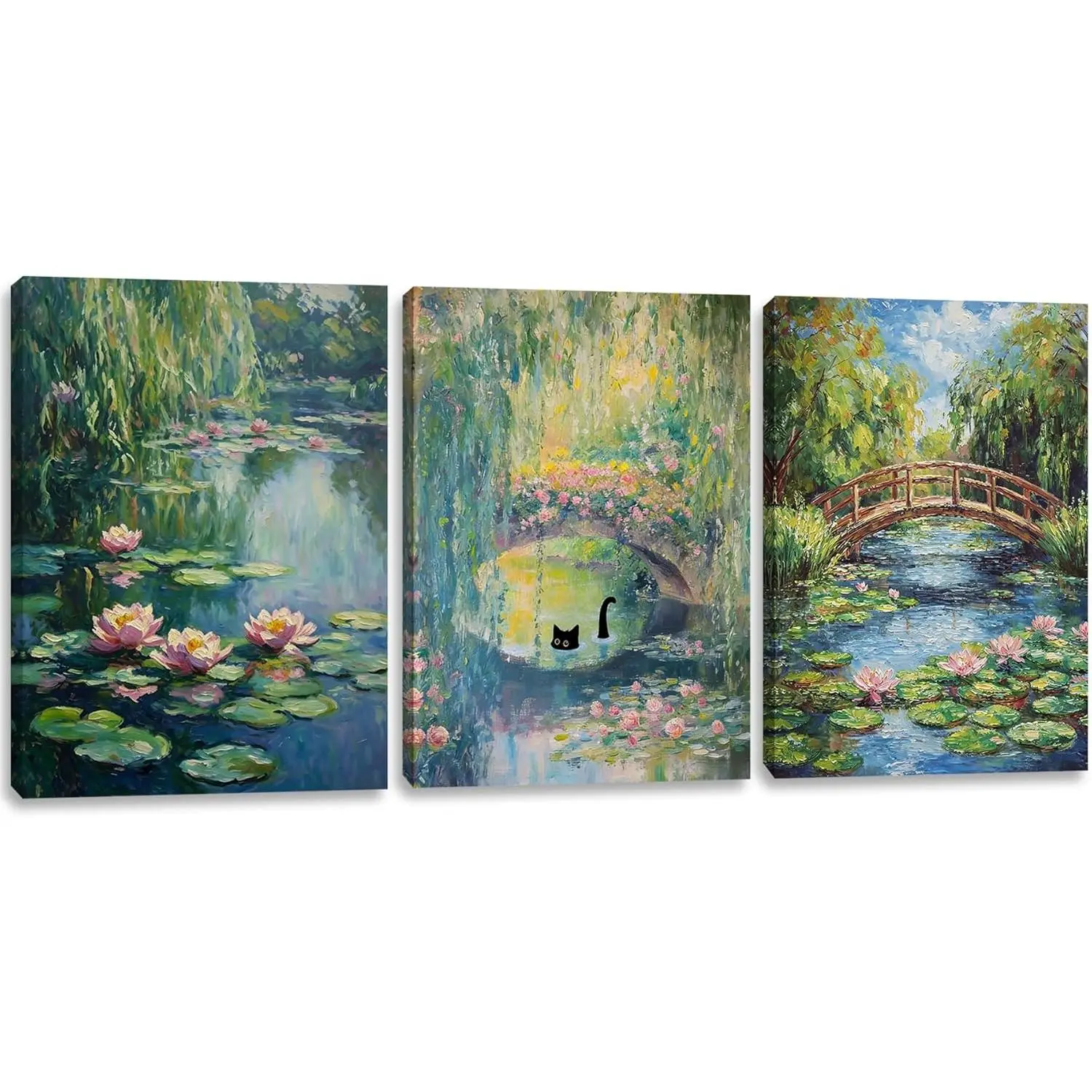 3 Pcs Vintage Monet Canvas Wall Art Water Lily Landscape Wall Decor Black Cat Under Bridge Print Painting Poster Monet Country Nature Pictures for Wall Living Room Bedroom Bathroom Home Decoration 12*16 inch( Stretched Canvas on A Wooden Frame)
