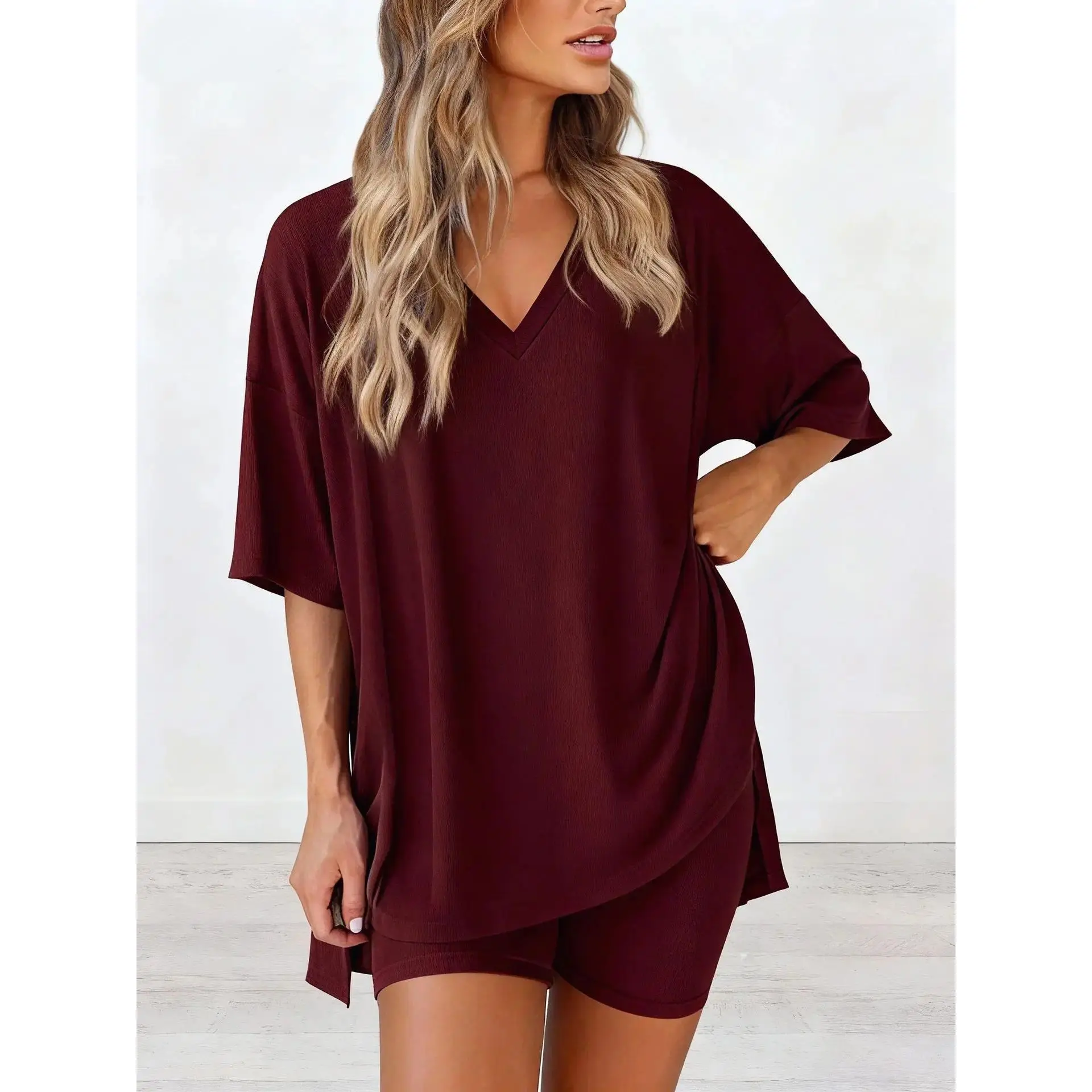 Womens Plus Size Two Piece Loungewear Set Lightweight Oversized V Neck T Shirt and Biker Shorts Matching Set Breathable Casual Summer Outfit Soft Comfortable Home Wear Loungewear for Ladies