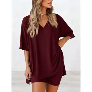 Womens Plus Size Two Piece Loungewear Set Lightweight Oversized V Neck T Shirt and Biker Shorts Matching Set Breathable Casual Summer Outfit Soft Comfortable Home Wear Loungewear for Ladies